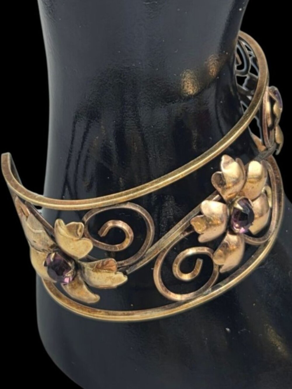 VTG Harper 1/20 12K Gold Filled Filigree Amethyst Flower Cuff Bracelet 6.5" - Picture 8 of 16